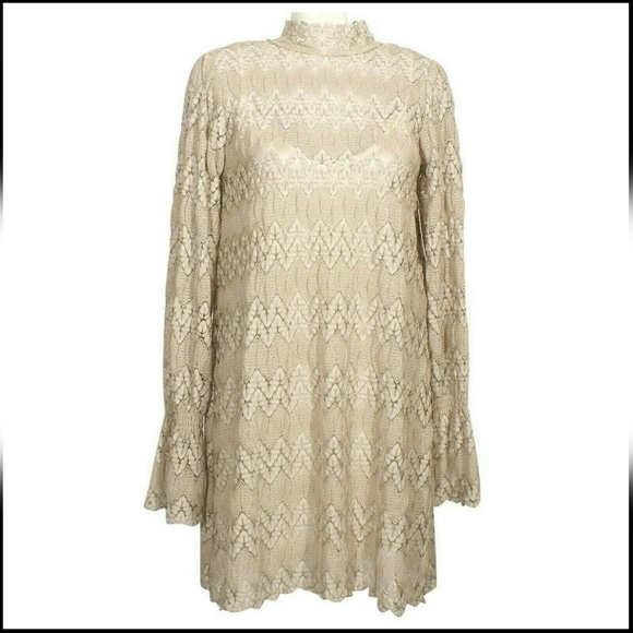 FREE PEOPLE Beige Simone Crochet Lace Shift Mini Dress Large - Picture 2 of 12